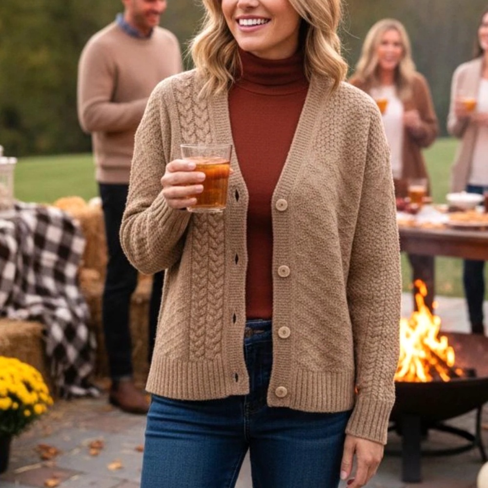 Women's Tan Cable Knit Cardigan Sweater #4474 M EUC
